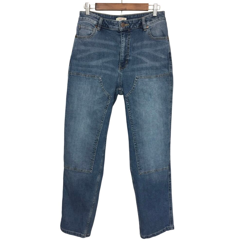 Molly Yeh Double Knee Patch Utility Jeans 10 Straight Leg High Rise Denim